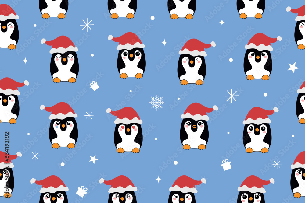 Christmas cute little penguins in Santa's hat. Christmas cute animal cartoon character. Vector illustration Christmas cute little penguins in Santa's hat. Christmas cute animal cartoon character. Vector illustration