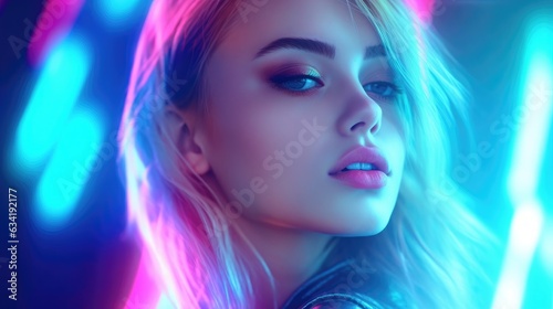 Beautiful female model with neon lights reflected on her face