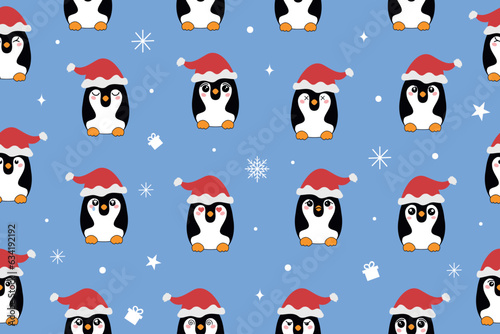 Fototapeta Naklejka Na Ścianę i Meble -  Christmas cute little penguins in Santa's hat. Christmas cute animal cartoon character. Vector illustration