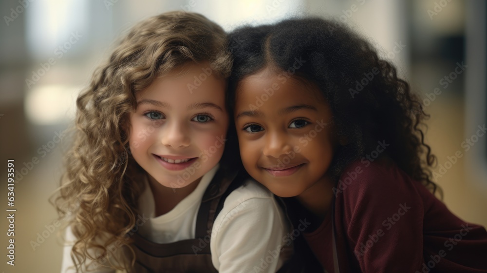Two little girls are friends. Girls with black and white skin. School friends Two little girls are friends. Girls with black and white skin. School friends