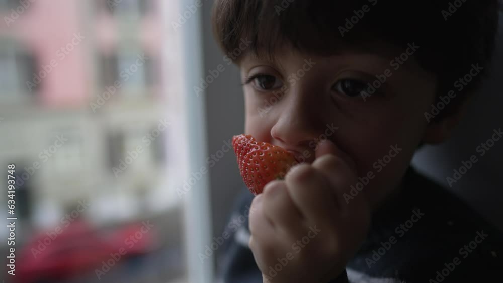Little boy eating strawberry by window. Child taking a bite of healthy nutritious fruit Little boy eating strawberry by window. Child taking a bite of healthy nutritious fruit