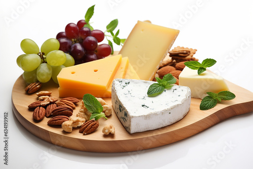Different types of cheese and grapes on the round wooden board. Generative AI