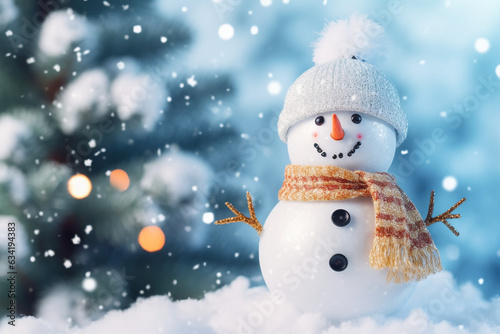 Christmas snowman in a snowy landscape. High quality photo