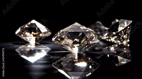 Diamond with reflections of light  on a black background. Generative AI technology.