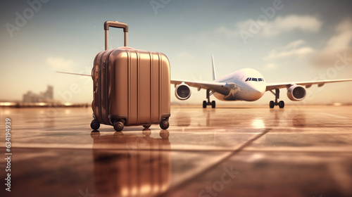 Traveler's Journey, Brown Suitcase on Runway Amid Airplanes, Blurred Landscapes and Metallic Reflections - Generative AI