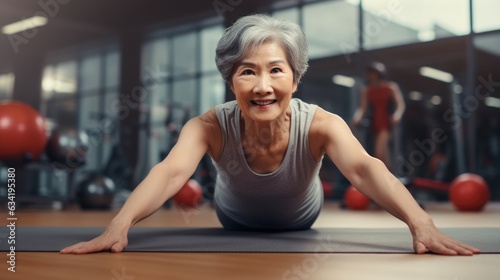 Asian elderly happy woman in the gym. Active and healthy lifestyle in adulthood.