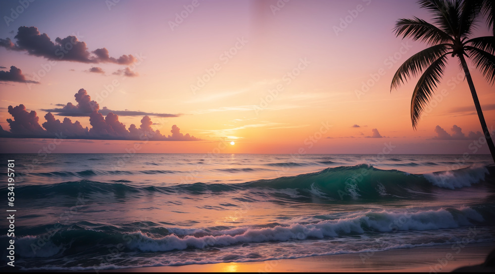 sunset on the beach, palm tree silhouette