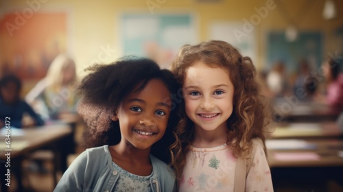 Two little girls are friends. Girls with black and white skin. School friends
