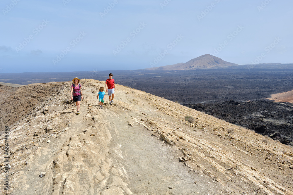 Family Hiking in Caldera Blanca, Lanzarote. Canary Islands