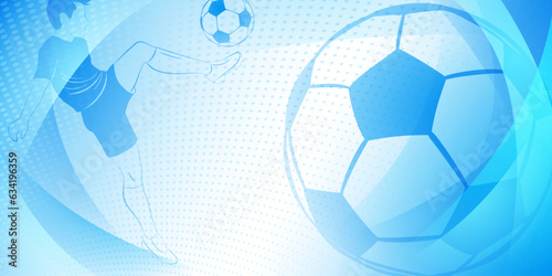 Soccer background with a football player kicking the ball and other sport symbols in blue colors