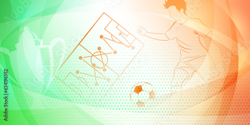 Soccer background with a football player kicking the ball and other sport symbols in national colors of Ireland