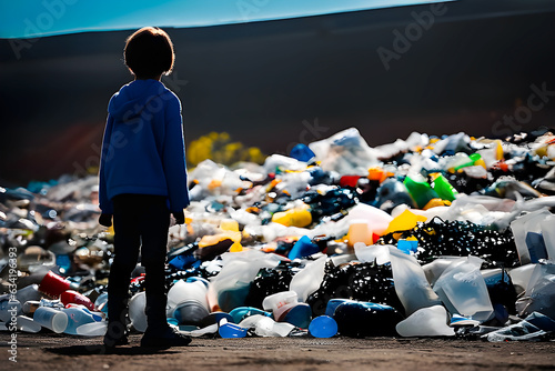 Silhouette of a boy in a dump full of plastic waste. Pollution of the environment and poverty concept.