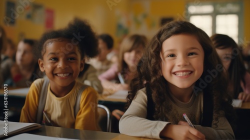 Two little girls are friends. Girls with black and white skin. School friends