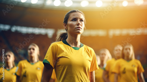 A beautiful female football player in a yellow-green uniform in the stadium. photo