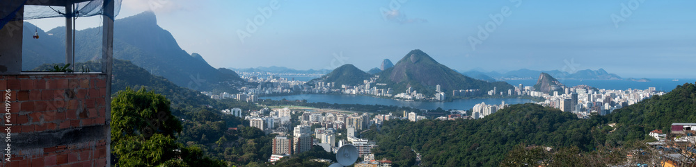 Brazil: the postcard skyline of Rio de Janeiro seen from Rocinha, the most famous favela of the city and the largest slum in the country between Gavea, Sao Conrado and Vidigal districts