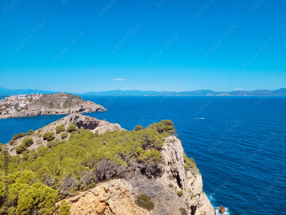 Cala Montgo, L'Escala, Costa Brava, Catalonia, Spain. Beautiful views of the Mediterranean Sea with sunny day.