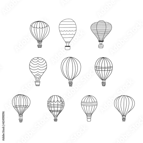 Hot air balloons set doodle line art coloring page element. Teaching materials design element.