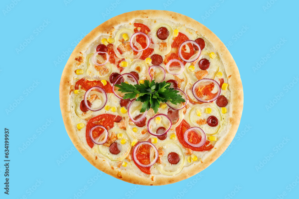 pizza with hunting sausages, tomatoes, sweet peppers, corn on a blue background, studio shooting 1 pizza with hunting sausages, tomatoes, sweet peppers, corn on a blue background, studio shooting 1