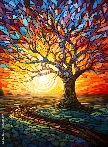 Illustration of a tree in a stained glass window style with a sunset