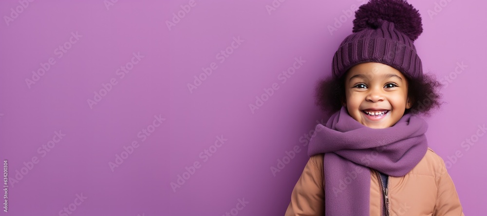 Cute Young African American Girl in Scarf and Hat for Winter on a Purple Background with Space for Copy Cute Young African American Girl in Scarf and Hat for Winter on a Purple Background with Space for Copy
