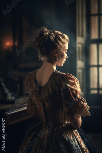 Rear view of woman with 20th century dress. Generative Ai