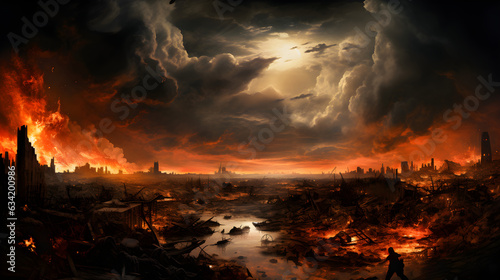 Post apocalypse. Nuclear apocalypse survivor. Ruined Cityscape. A nuclear explosion in the center of the metropolis. The beginning of apocalyptic