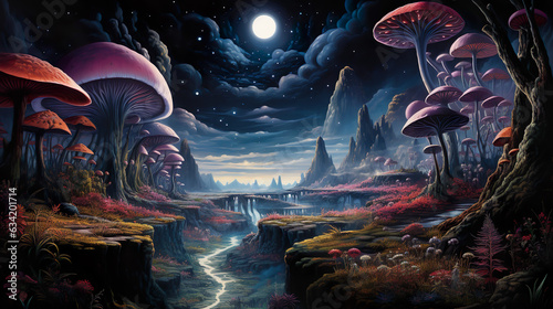 Incredible, surreal, highly detailed fantasy psychedelic landscape of giant mushrooms, fantasy, wonder, dreams and consciousness