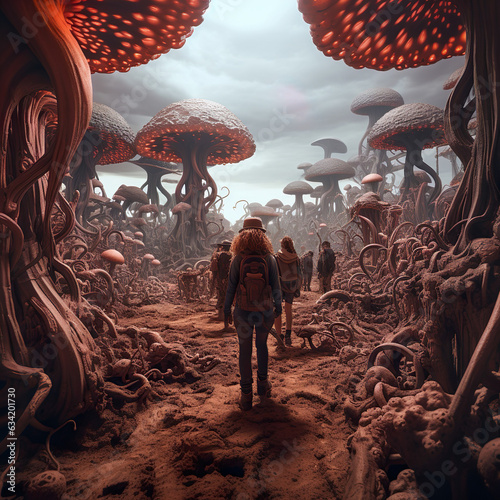 Incredible, surreal, highly detailed fantasy psychedelic landscape of giant mushrooms, fantasy, wonder, dreams and consciousness photo