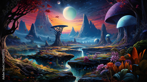 Incredible, surreal, highly detailed fantasy psychedelic landscape of giant mushrooms, fantasy, wonder, dreams and consciousness
