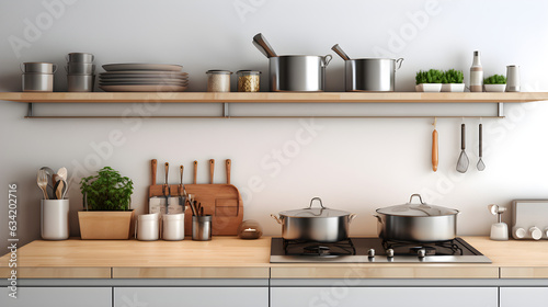 beautiful modern kitchen with cooking items, complete view super bright from the daylight, with a stove and a sink and a counter in the middle of the kitchen. Hyper realistic detail, very detailed