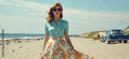 woman on the beach in retro 60´s fashion style