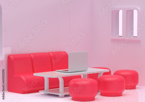 The house, the interior of the doll's room. Pink color. 3d render on the theme of barbie, toys, childhood, girls. Minimal style.