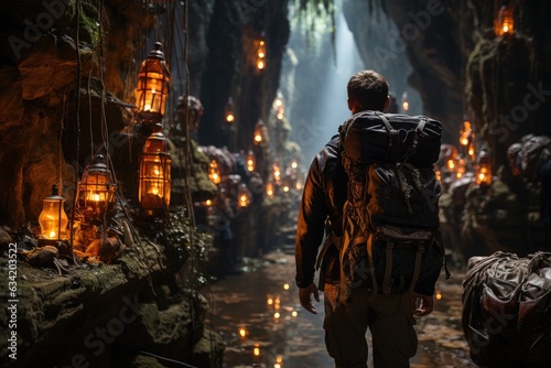 Journeying into the Earth's Depths: An Intimate Gaze at a Spelunker's Back as They Illuminate the Obsidian Darkness with a Torch, Surrounded by Stalactites and the Mysteries of the Deep Generative AI