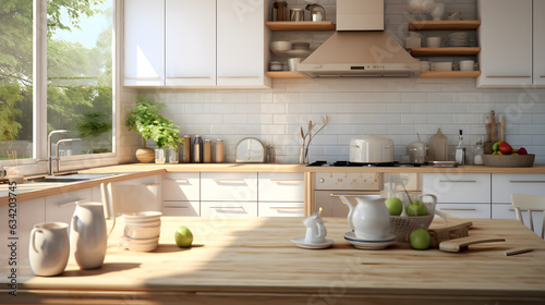 beautiful modern kitchen with cooking items  complete view super bright from the daylight  with a stove and a sink and a counter in the middle of the kitchen. Hyper realistic detail  very detailed
