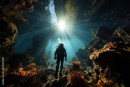 Secrets of the Deep: Capturing the Silhouette of a Diver Immersed in the Colorful Coral Reefs and Bountiful Marine Life, the Concealed Face Adding to the Enigmatic Exploration Generative AI