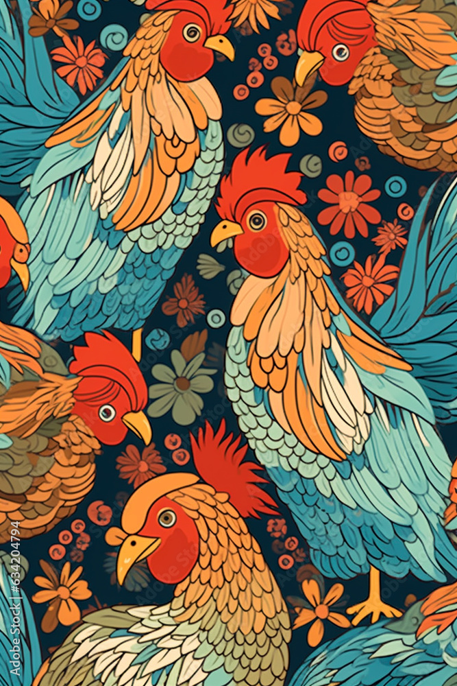 Fototapeta premium Roosters pattern on background