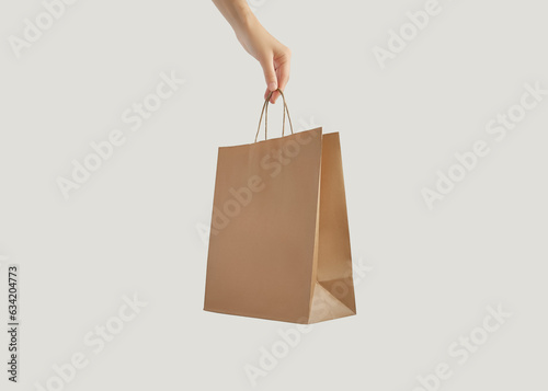 female hand holding a blank brown paper shopping bag isolated on grey background. eco-friendly packaging, shopping, delivery concept