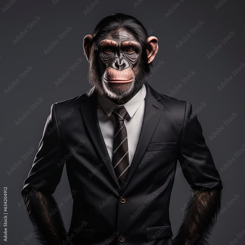 Chimp wearing a suit. Hyperealistic anthropomorphic animal portrait. AI rendered image. Chimp wearing a suit. Hyperealistic anthropomorphic animal portrait. AI rendered image.