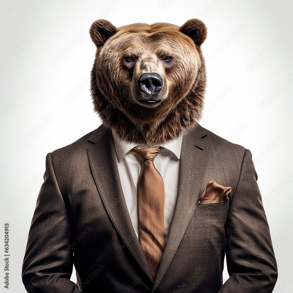 Bear wearing a suit isolated in a white background. Hyperealistic ...