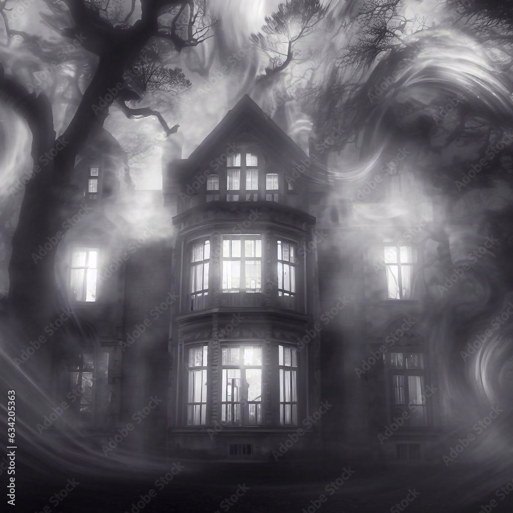 Victorian-style mansion engulfed in a swirling mist Victorian-style mansion engulfed in a swirling mist