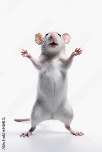 A cute domestic rat on white background. Pet and care. Rodents, home rats. Overexposure of animals. Pet shop, veterinary medicine