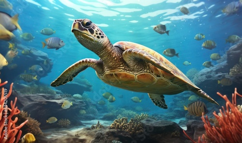 Hawaiian sea turtle swimming along with fishes, in Colorful underwater seascape photo