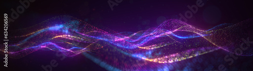 Gentle particle flow. Elegant waves of colorful dust, magical ripples. Information stream, data transfer, virtual reality cyberspace. Creative soft bokeh, ultra wide abstract background. 3d rendering
