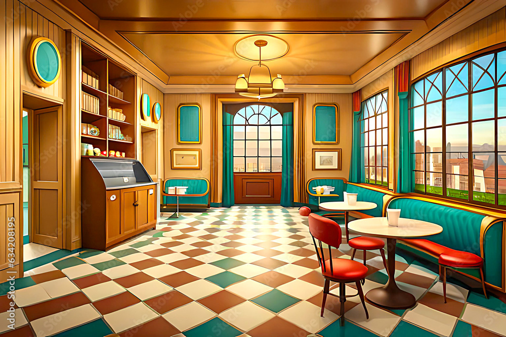 Charming cartoon vintage-themed restaurant cafe indoor background