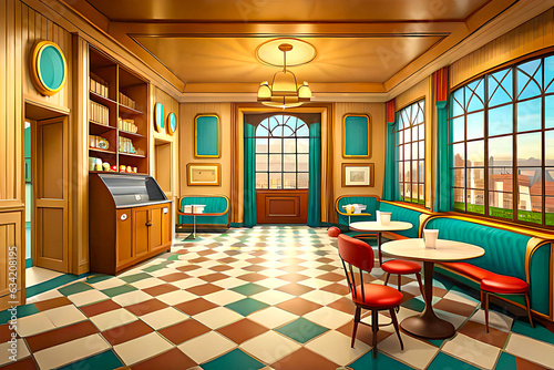 Charming cartoon vintage-themed restaurant cafe indoor background