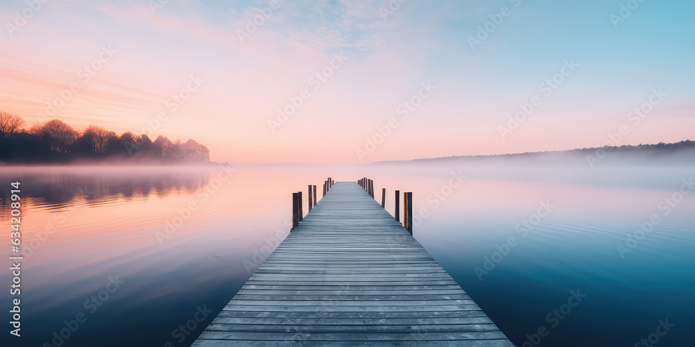 A straight flat simplistic rectangular lake dock, beautiful sunrise, foggy, calm water. Nature relax wallpaper.
