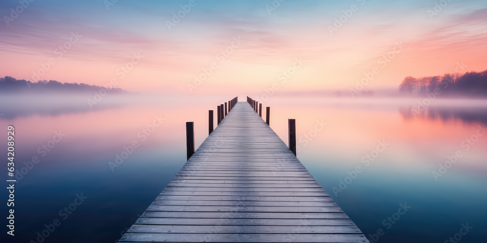A straight flat simplistic rectangular lake dock, beautiful sunrise, foggy, calm water. Nature relax wallpaper. A straight flat simplistic rectangular lake dock, beautiful sunrise, foggy, calm water. Nature relax wallpaper.