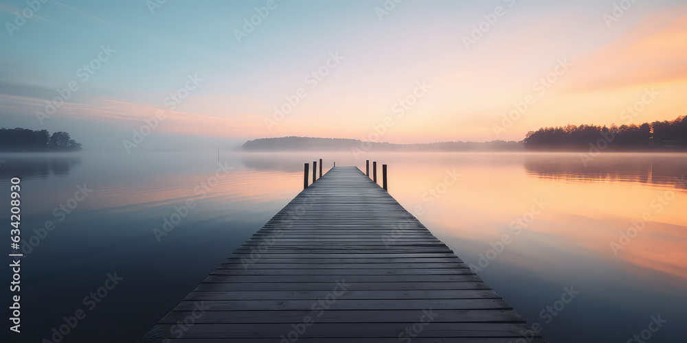 Obraz premium A straight flat simplistic rectangular lake dock, beautiful sunrise, foggy, calm water. Nature relax wallpaper.