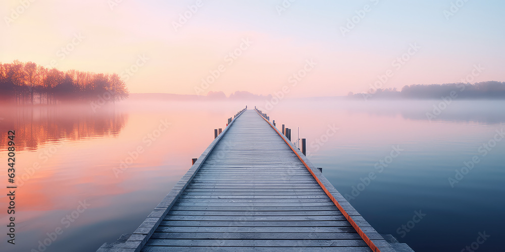 A straight flat simplistic rectangular lake dock, beautiful sunrise, foggy, calm water. Nature relax wallpaper.