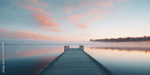 A straight flat simplistic rectangular lake dock, beautiful sunrise, foggy, calm water. Nature relax wallpaper.